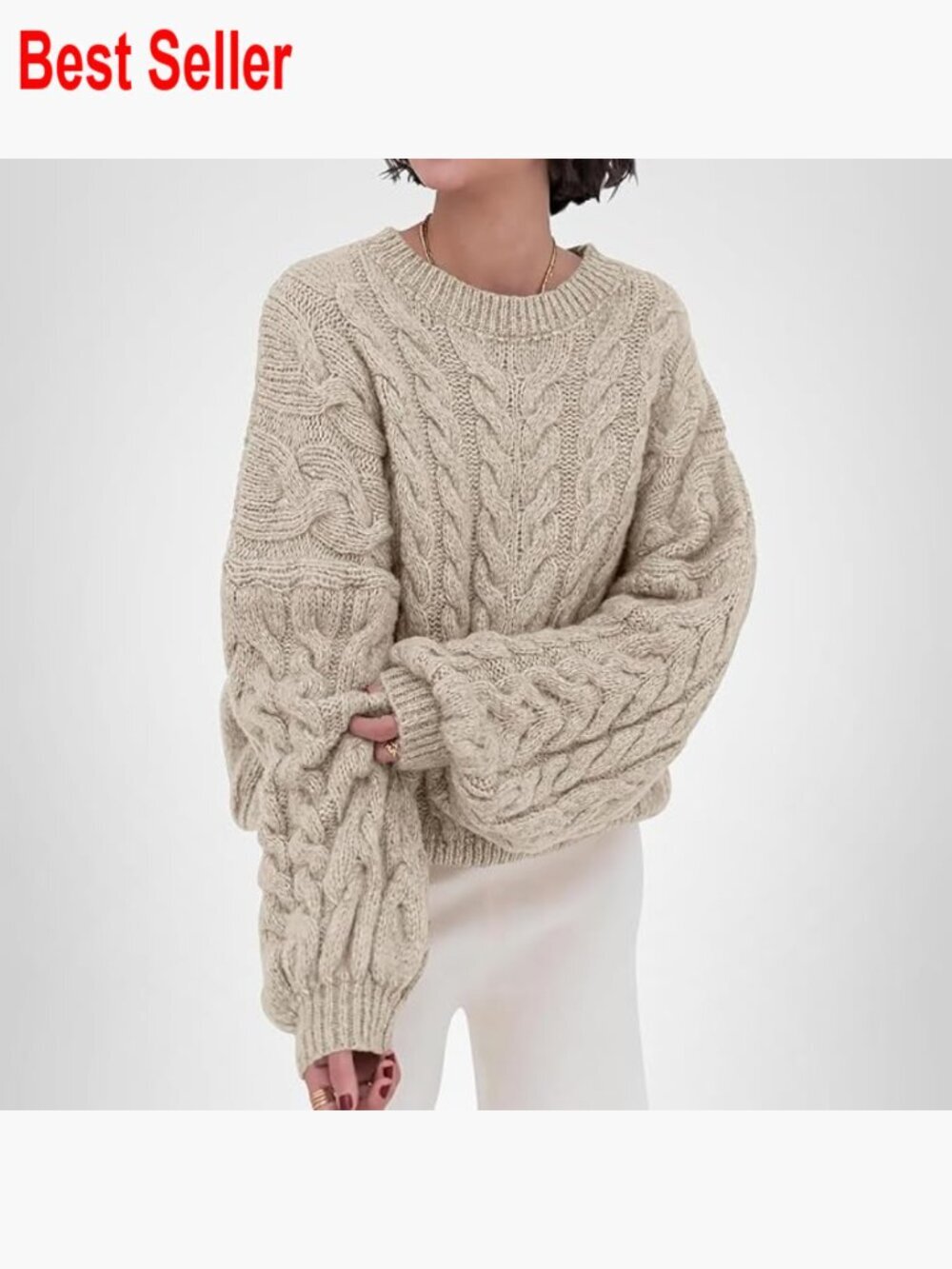 Oversized Cable Knit Crewneck Pullover Chunky Sweater Loose Fit